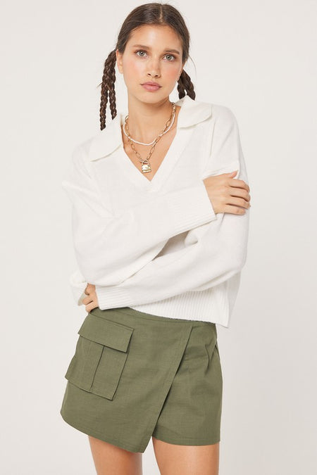 Olive Colored Round Neck Balloon Sleeve Cropped Sweatshirt