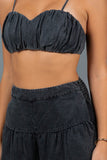Black Colored Washed Tencel Crop Top with Wide Leg Pants Set