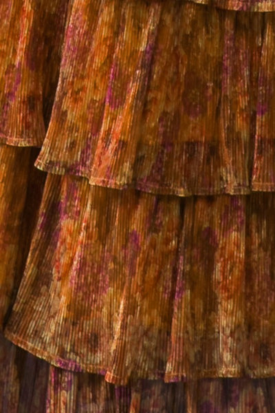Rust Colored Multi Print Pleated Maxi Dress