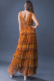 Rust Colored Multi Print Pleated Maxi Dress
