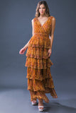 Rust Colored Multi Print Pleated Maxi Dress