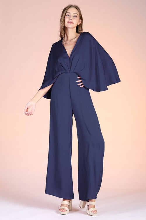 Navy Colored Washed Poly Silk Cape Jumpsuit