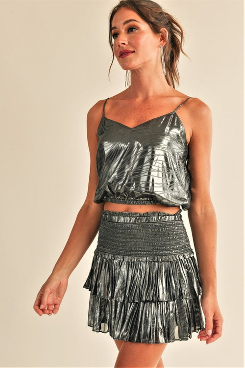 Black Metallic Colored Smocked Skirt