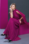 Berry Colored High Neck Maxi Dress with Cape