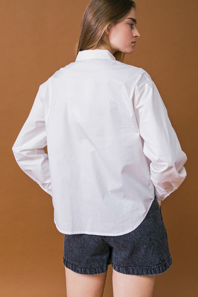 White Colored Rhinestone Embellished Button Down Poplin Shirt