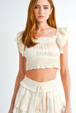 Cream Colored Ruffle Sleeve Cropped Smock Top