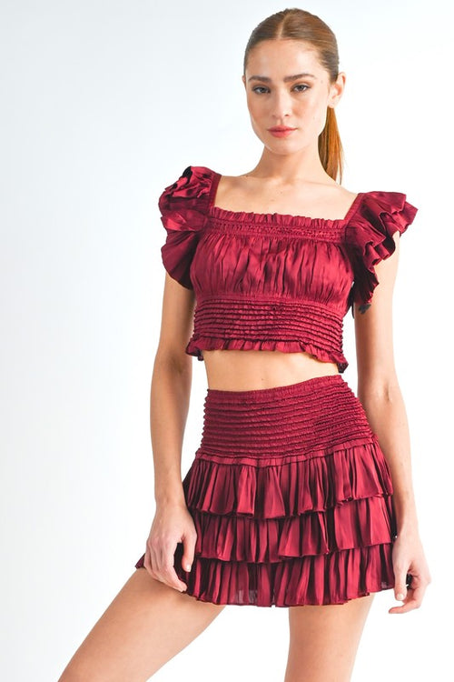 Maroon Colored Ruffle Sleeve Cropped Smock Top