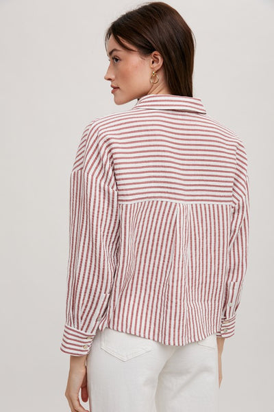 Mauve and White Colored Striped Cropped Shirt