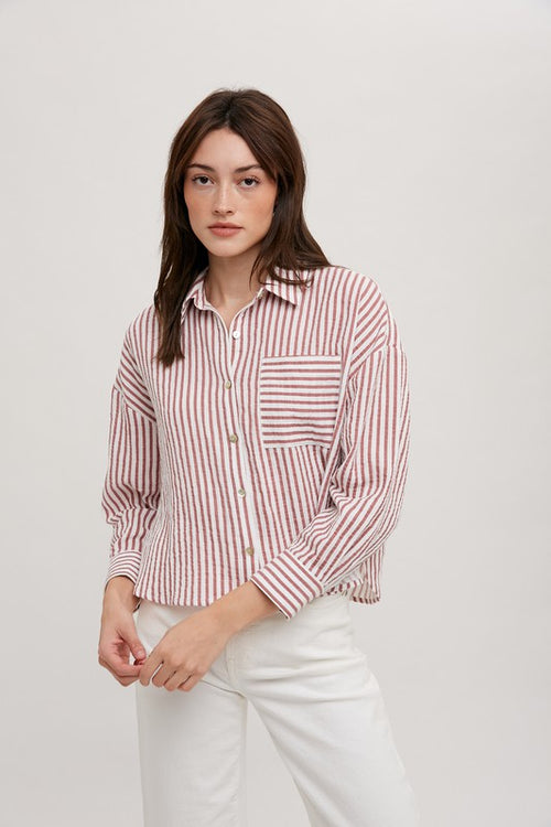 Mauve and White Colored Striped Cropped Shirt