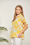 Yellow Colored Multi Print Flutter Sleeve Button Up Top