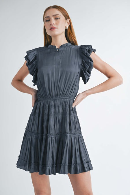 Black Colored Bubble Sleeve Wrap Mini Dress