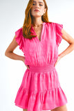 Hot Pink Colored V Neck Short Ruffle Sleeve Romper