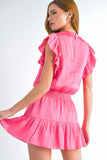 Hot Pink Colored V Neck Short Ruffle Sleeve Romper