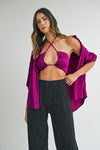 Magenta Satin Bralette and Button Down Set