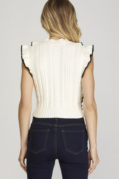 Off White Colored Flutter Sleeve Ribbed Knit Sweater Top