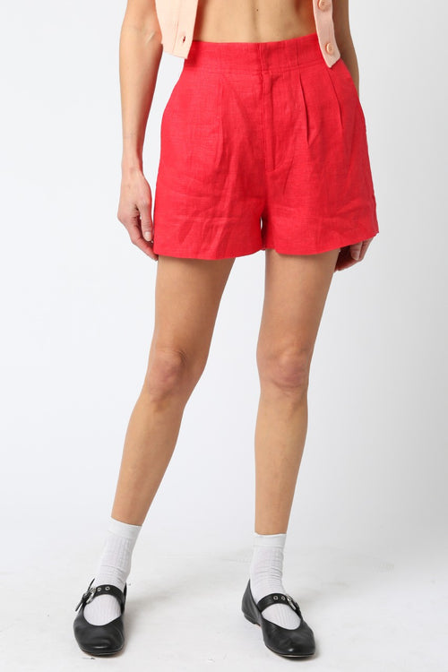 Red Linen Shorts Comfortable Elastic Waist