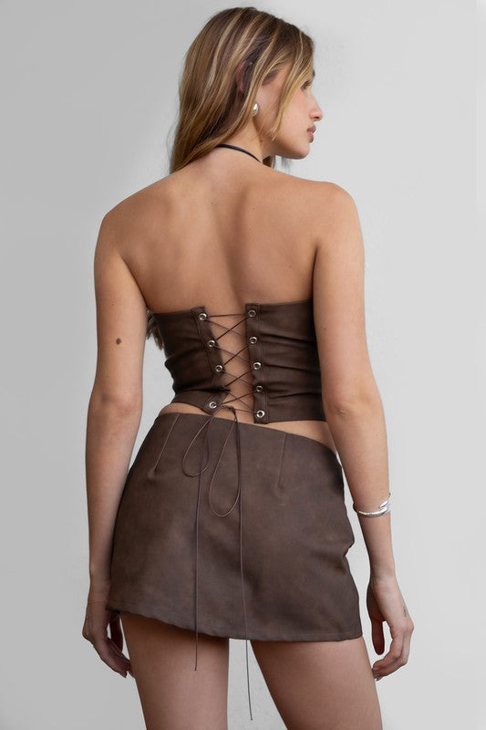 Brown Vegan Leather Embroidered Corset