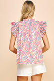 Pink Multi Print Ruffled Sleeve Woven Top
