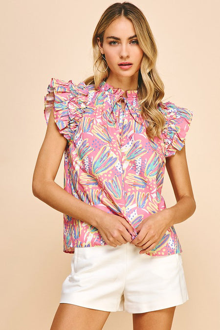 Yellow Colored Multi Print Flutter Sleeve Button Up Top