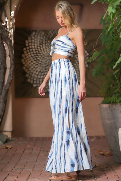 White and Blue Printed Bra Top Skirt Set
