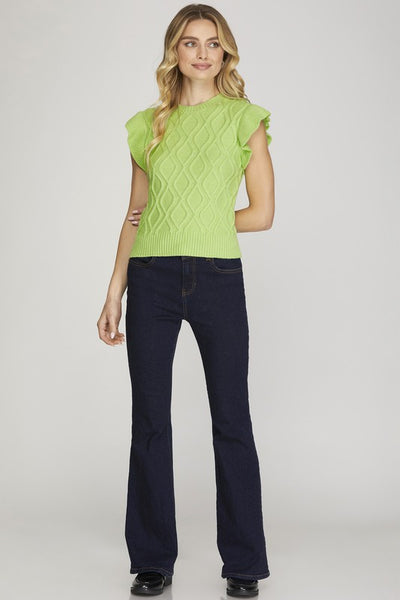Honeydew Colored Ruffled Sleeve Cable Knit Sweater Top