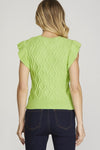 Honeydew Colored Ruffled Sleeve Cable Knit Sweater Top