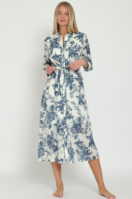 Golden Long Sleeve Fall Floral Printed Belted Maxi Dress