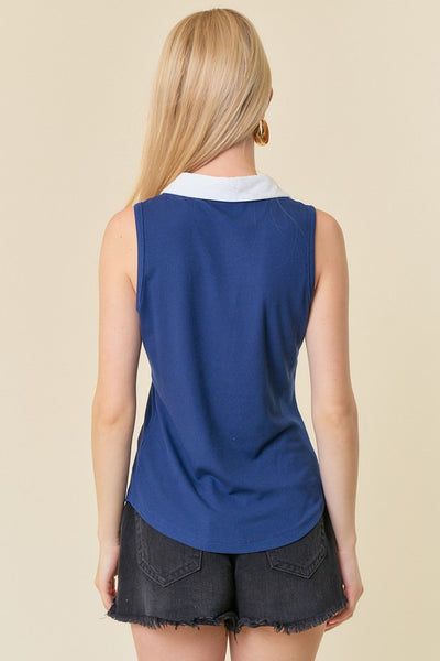 Navy and White Collared Henley Tank