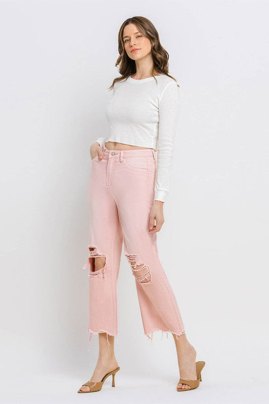 Powder Pink Colored High Rise Cropped Flare Jeans