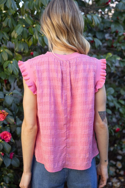Pink Colored Ruffle Detail Textured Top