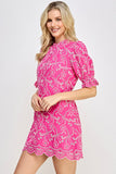 Hot Pink Colored Eyelet Back Tie Mini Dress