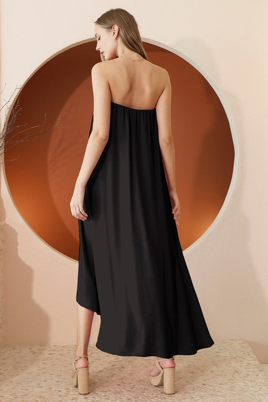 Black Colored Washed Poly Silk High Low Dress