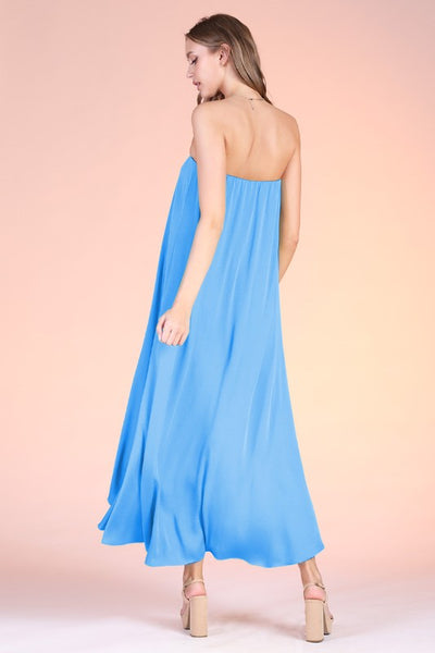 Clean Blue Colored Washed Poly Silk High Low Dress