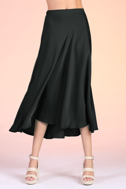 Black Colored Washed Poly Silk Midi Swing Skirt
