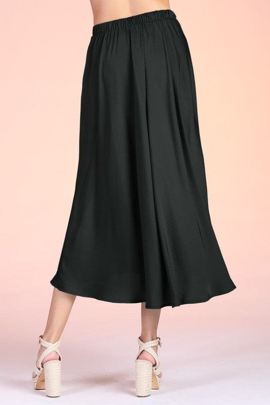 Black Colored Washed Poly Silk Midi Swing Skirt