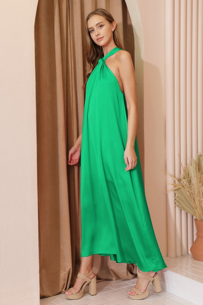 Green Colored Silky Satin Cut Out Maxi Dress