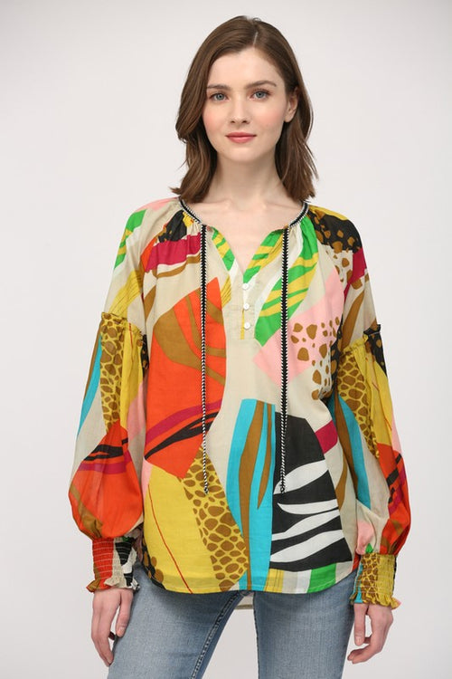 Printed Cotton Front Tie Neck Blouse