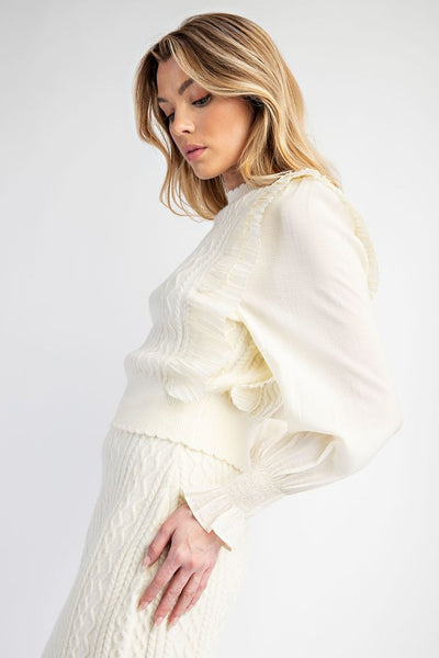 Cream Cable Knit Sweater With Woven Sleeves