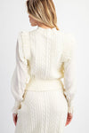 Cream Cable Knit Sweater With Woven Sleeves