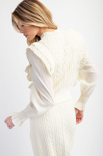 Cream Cable Knit Sweater With Woven Sleeves