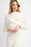 Cream Cable Knit Sweater With Woven Sleeves