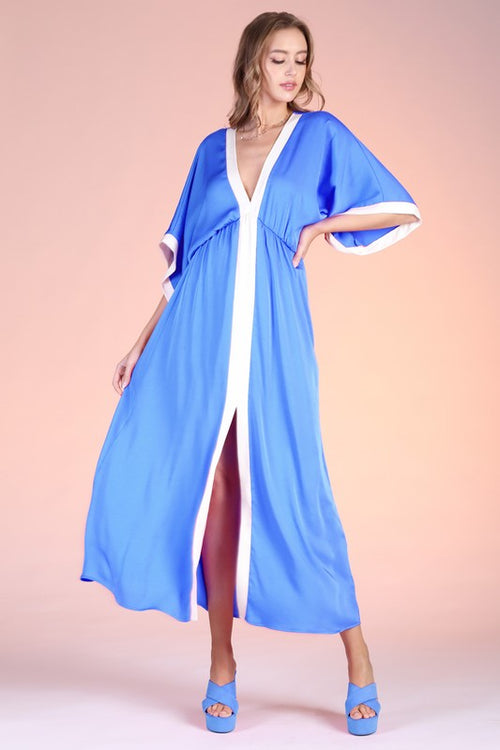 Clean Blue Colored Washed Poly Silk Contrast Band Maxi Dress
