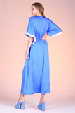 Clean Blue Colored Washed Poly Silk Contrast Band Maxi Dress