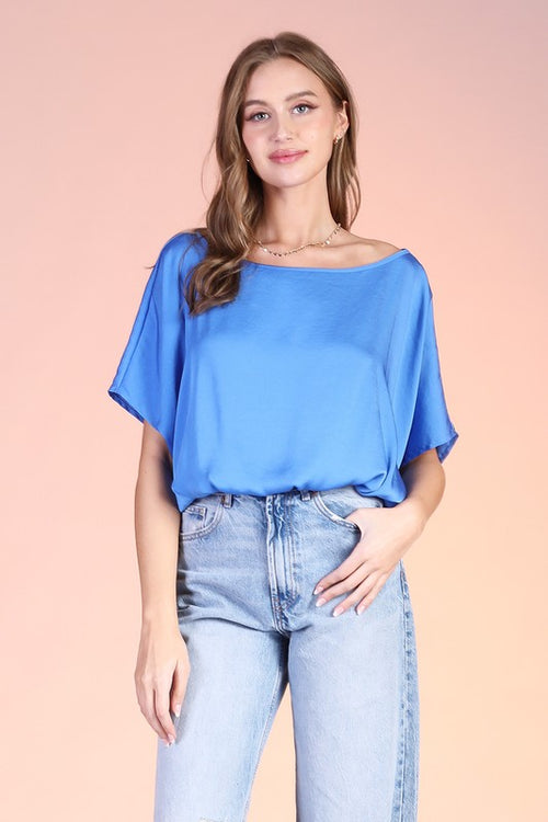 Clean Blue Colored Washed Poly Silk Boat Neck Elastic Crop Top