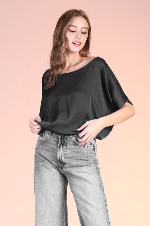 Black Colored Washed Poly Silk Boat Neck Elastic Crop Top