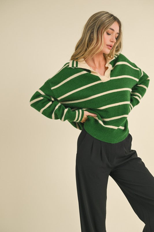 Green Striped Collared Sweater