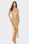 Gold Sequin One Shoulder Mesh Dress with Slit