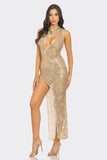 Gold Sequin One Shoulder Mesh Dress with Slit