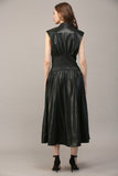 Black Smocked Waist Leather Zip Dress
