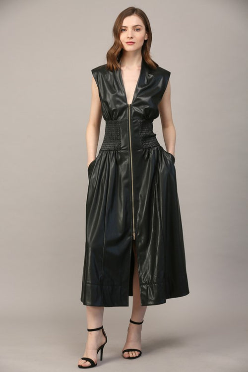 Black Smocked Waist Leather Zip Dress